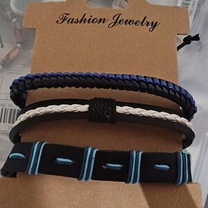 3Pc Blue, White and Black Braided Bracelets Set Unisex